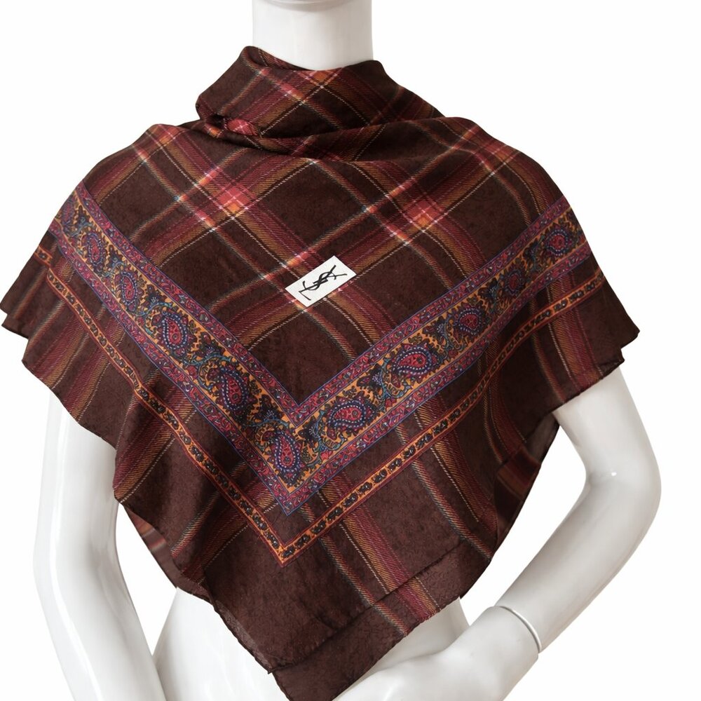 Vintage Yves Saint Laurent Silk Scarf | Brown Plaid Paisley Carré (87x87cm)